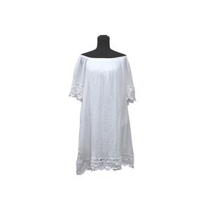 White Off Shoulder Shift Dress Womens XL Crochet Lace Trim Boho Cottagecore